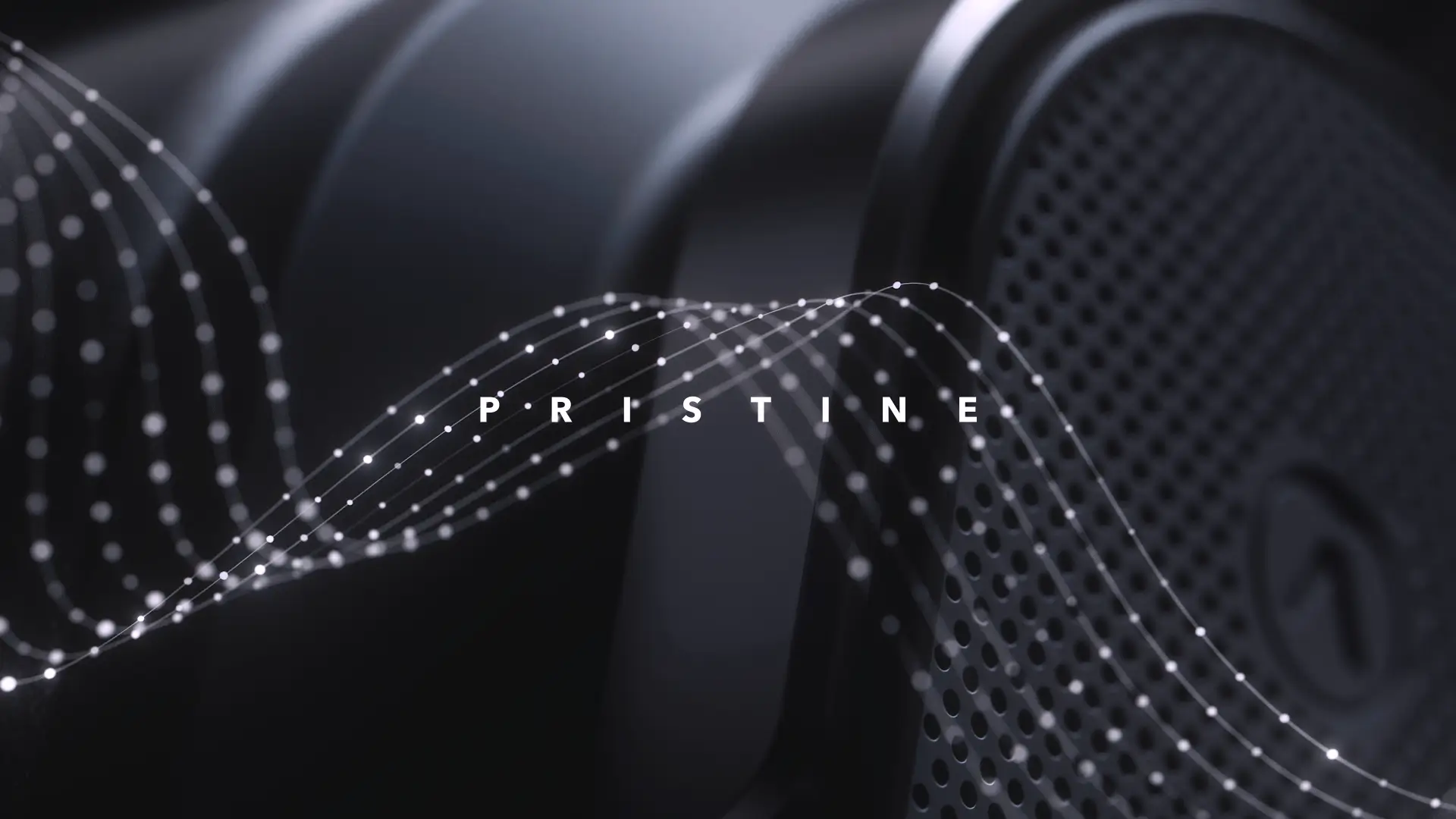 Austrian Audio - Pristine title card with particle waves over headphone mesh